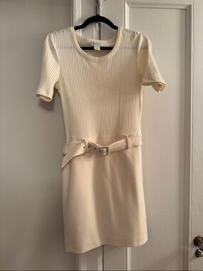 Club Monaco Cream Ribbed Short-Sleeve Belted Mini Dress